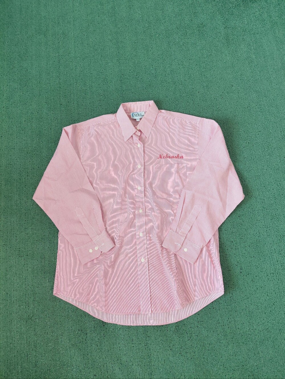 Las Olas Red & White Pinstriped Nebraska Button Up Dress Shirt Sz Medium